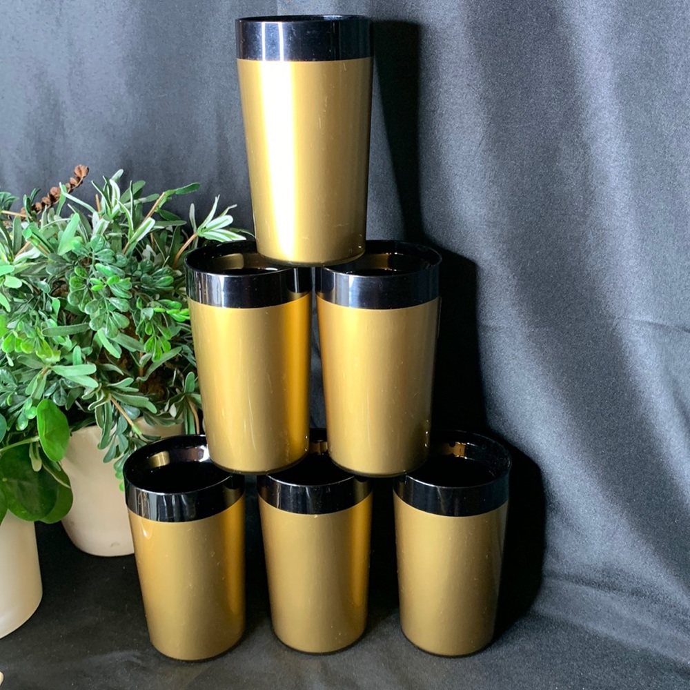 Set of 4 MCM vintage Melamine NFC Gold & Black insulated Tumblers / Cups.